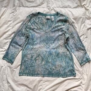 Vintage y2k ice blue whimsical paisley t shirt Covington sz XL rhinestones